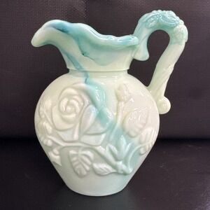 Avon Green Swirl Floral Rose Pitcher‎ Vase Vintage 4.5"